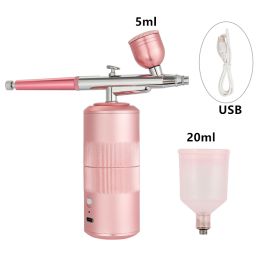 Oxygen Injector Mini Air Compressor Kit Air-Brush Paint Spray Gun Airbrush For Nail Art Tattoo Craft Cake Nano Fog Mist Sprayer (Color: Pink)